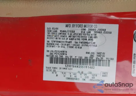 2005 Ford Mustang из США, поврежденный, VIN 1ZVFT84N255191482